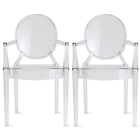 2xhome Set of 2 Minimalist Scandinavian Contemporary Transparent Crystal Dining Chairs with Arms, Oval Back, Stackable Acrylic Armchairs for Kitchen, Dining Room, Patio, Balcony, Indoor and Outdoor