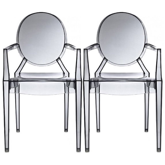 2xhome Set of 2 Transitional Luxury Glam Transparent Crystal Dining Chairs with Arms, Oval Back, Stackable Acrylic Armchairs for Kitchen, Dining Room, Patio, Balcony, Indoor and Outdoor Use, Smoke