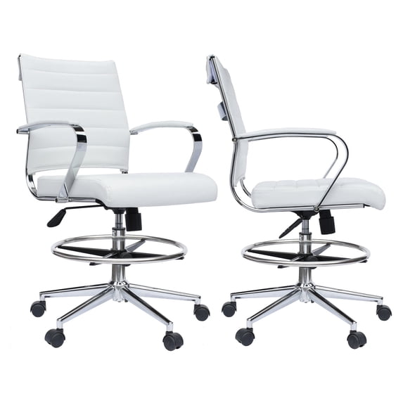 2xhome Set of 2 White Office Drafting Chair Ribbed Padded Open Mid Back With Wheels And Chrome Arms