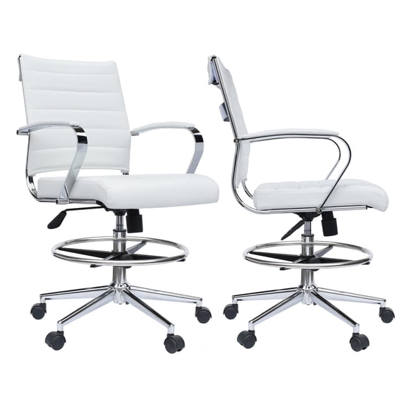 2xhome Set of 2 White Office Drafting Chair Ribbed Padded Open Mid Back With Wheels And Chrome Arms