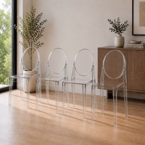 2xhome Set of 4 Modern Contemorary Dining Ghost Side Chairs Transparent Stackable Victorian Acrylic Plastic Vanity Chairs, Clear