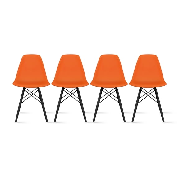 2xhome - Set of 4 Orange - Plastic Side Black Dark Wood Legs Eiffel Dining Room Chair - Lounge Chair No Arm Armless Less Chairs Seats Molded Plastic