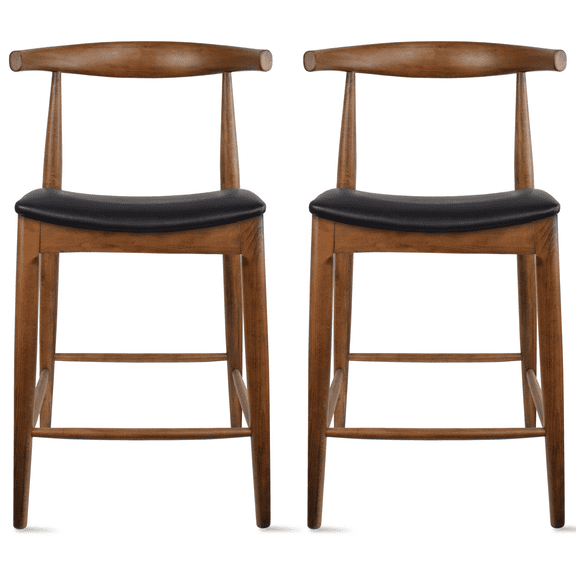 2xhome Solid Wood Farmhouse 25" Counter Stools with PU Leather Cushion Seat, Modern Accent Dining Elbow Chair Barstool (Espresso Set of 2)
