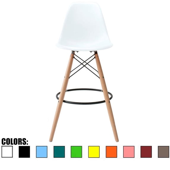 2xhome - White - 28" Seat Height Modern Plastic Style Bar Stool Barstool Counter Stools with backs and armless Natural Legs Wood Eiffel Legs Dowel-Leg, Set of 1, 1 piece