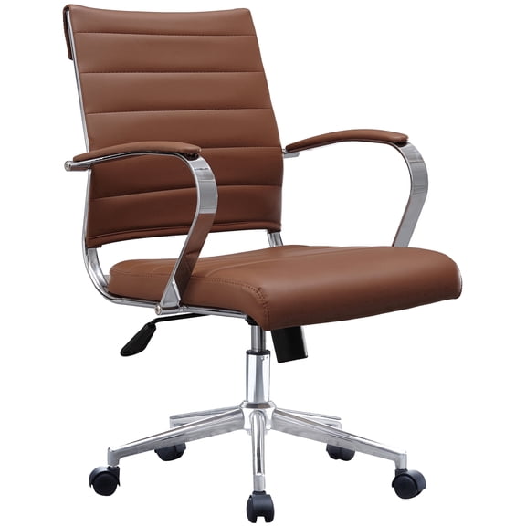 2xhome White Contemporary Modern Mid Back Ribbed PU Leather Swivel Tilt Adjustable Designer Chair, Brown