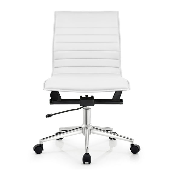 2xhome White Mid Century Executive Office Chair Mid back PU Leather No Arm Rest Arms Tilt Adjustable Height Back Support Task Work Chrome Manager Armless Ergonomic, Set of 1, 1 piece