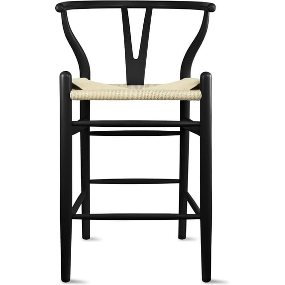 2xhome Wishbone Counter Height Barstool with Woven Paper Cord Seat| Fully Assembled | Wooden Y Back Farmhouse Kitchen Stool for Home, Dining, Bar, Black