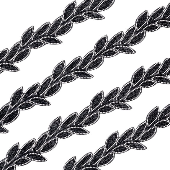 2yards Leaf Shape Polyester Lace Trim with Rhinestones Sequin Beaded Ribbon 2'' Black Webbing Ribbon Forest Patches Accessory Sewing Patch for DIY handcrafting