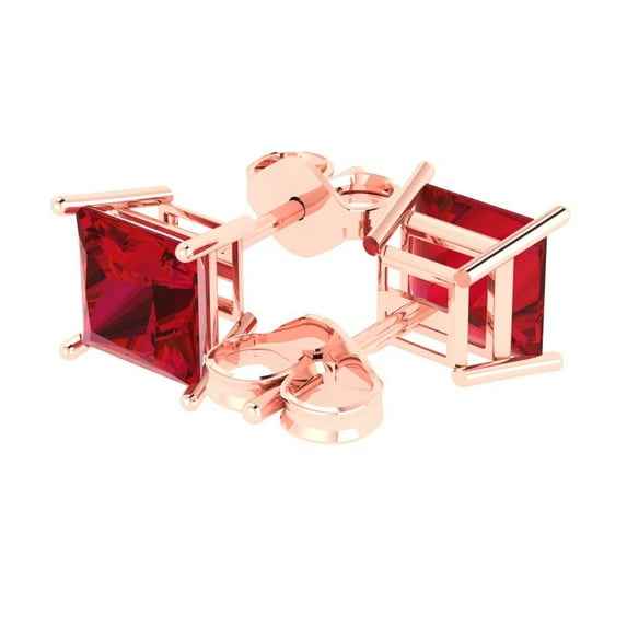 3.0 Ct Princess Cut Studs Pink Tourmaline 18K Rose Solid Solid Gold Everyday Dainty Earrings Push Back