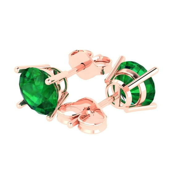 3.0 Ct Round Cut Studs Green Emerald 18K Rose Solid Solid Gold Everyday Dainty Earrings Push Back