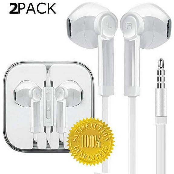 3.0 Headphones in-Ear Earbuds/Earphones Ultra Stereo Mic&Remote Control Compatible with iPhone iPad iPod Samsung Galaxy & Android Smartphones, PC 3.5mm Audio Jack (2-Pack, White)