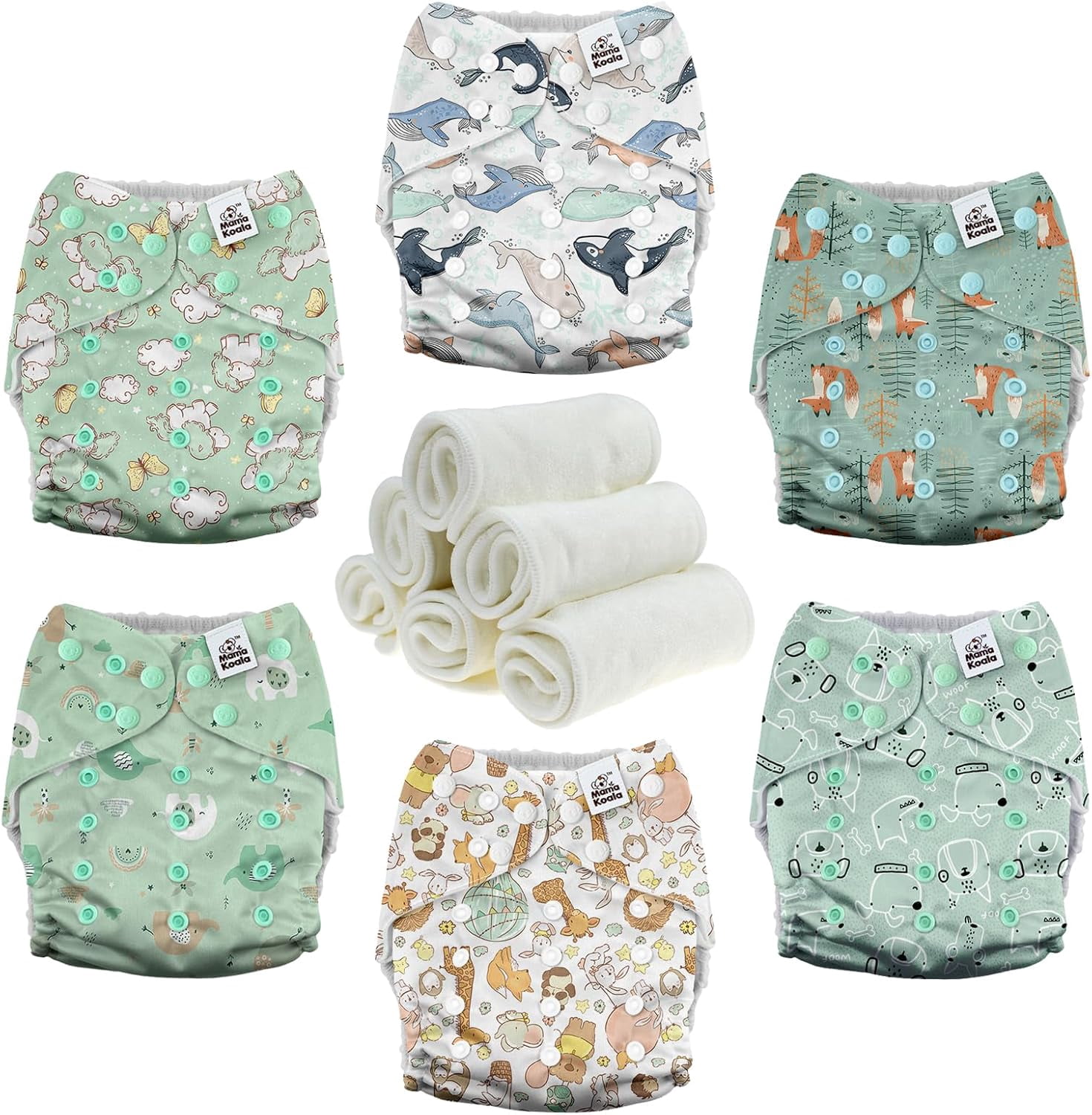 3.0 Pocket Cloth Diapers for Babies with AWJ Lining, 6 Pack with 6 4-Layer Natural Cloth Diaper Inserts - Reusable and Washable Pocket Diapers (Adorable Animal)