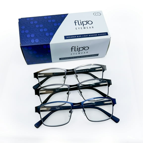 +3.0 Strength Flipo Eyewear Blue Light Blocking Reading Glasses - 3 Pack (1 Silver, 1 Black, 1 Blue)