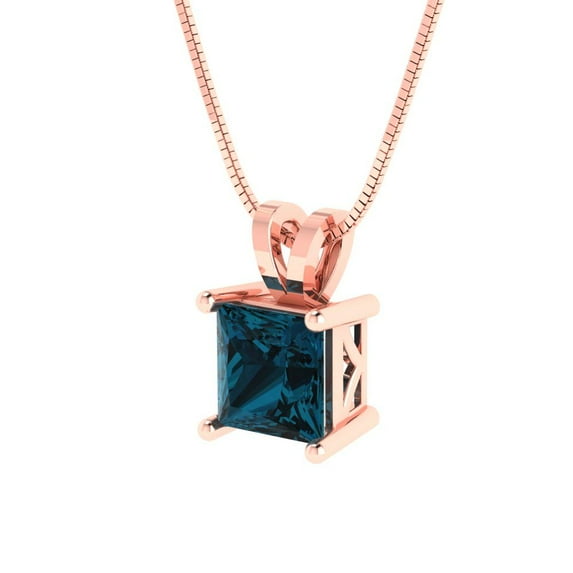 3.0 ct Brilliant Princess Cut Solitaire Natural London Blue Topaz 18K Rose Solid Gold Everyday Affordable Designer Necklace Pendant with 18" Chain