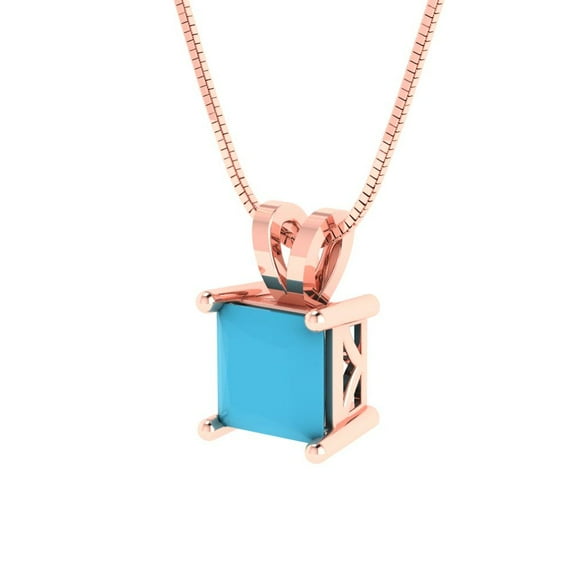 3.0 ct Brilliant Princess Cut Solitaire Turquoise 14k Rose Solid Gold Everyday Affordable Designer Necklace Pendant with 18" Chain
