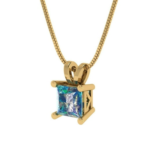 3.0 ct Brilliant Princess Cut Solitaire Synthetic Blue Moissanite 18K Yellow Solid Gold Everyday Affordable Designer Necklace Pendant with 16" Chain