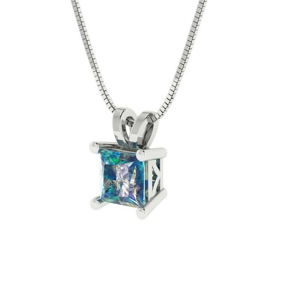 3.0 ct Brilliant Princess Cut Solitaire VVS1 Genuine Blue Moissanite Solid 18k White Solid Gold Everyday Affordable Designer Necklace Pendant with 16" Solid Gold Chain by Clara Pucci