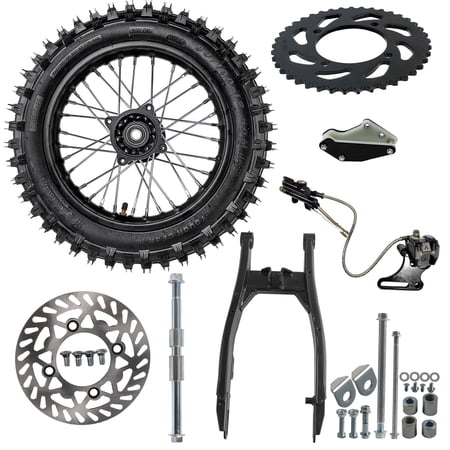 3.00-12 80/100-12 Dirt Bike Wheel Rear Swing Arm 428 41T Chain Sprocket 190mm Disc Brake Rotor Hydraulic Brake Caliper 15mm Rim Axle Chain Guard for Offroad Motorcycle Dirt Pit Pocket Bike