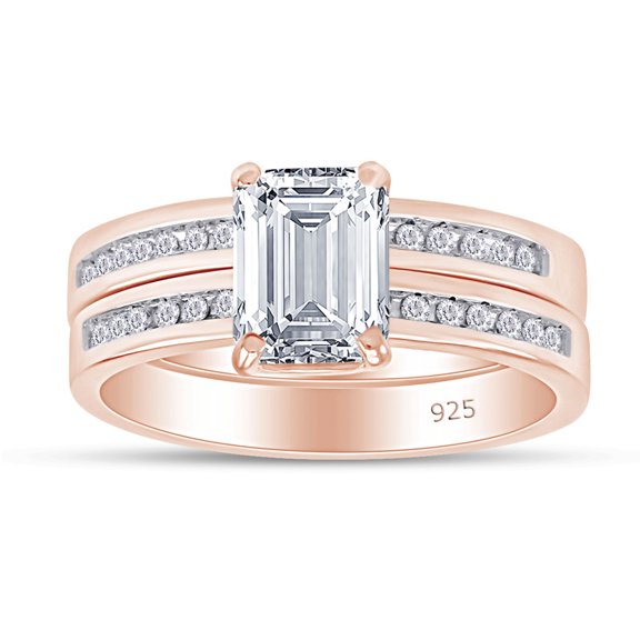 3.00 CT Emerald & Round Cut White Cubic Zirconia Bridal Ring set In 14K Rose Gold Plated 925 Sterling Silver (Color: White, Clarity: VVS1-VVS2, 3.00 Cttw) -4.5
