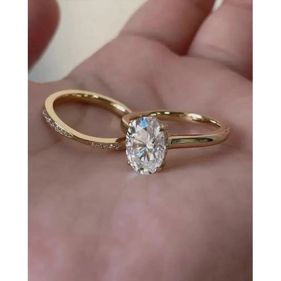 3.00 CT Oval Solitaire Hidden Halo Bridal Ring Set Moissanite Diamond Ring With Round Stone Matching Wedding Band Anniversary Ring Set For Her