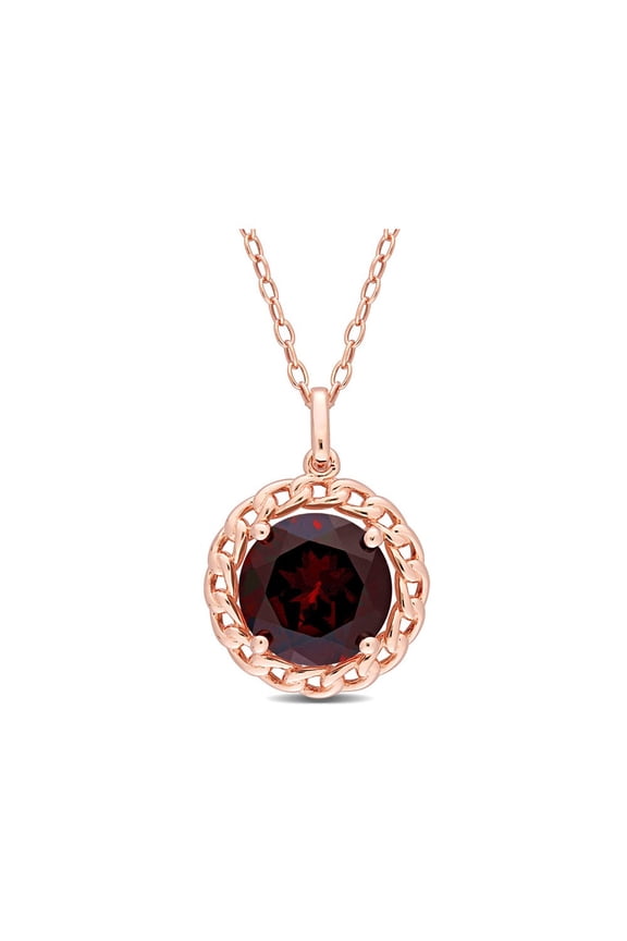 3.00 Carat (Ctw) Garnet Halo Pendant Necklace in Rose Plated Sterling Silver With Chain for Women