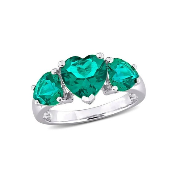 3.00 Carat (Ctw) Lab-Created Three Stone Emerald Heart Ring in Sterling Silver for Women