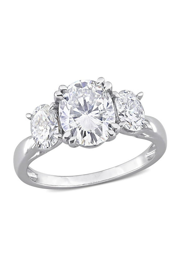 3.00 Carat (Ctw) Lab-Created Three-Stone Oval Moissanite Engagement Ring in 10K White Gold for Women