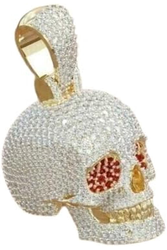 3.00 Carat Round Cut Lab Created Moissanite Diamond Tester Passed & Red Euby Men's Skull Pendant 14K Yellow Gold Plated 925 Silver With Certified