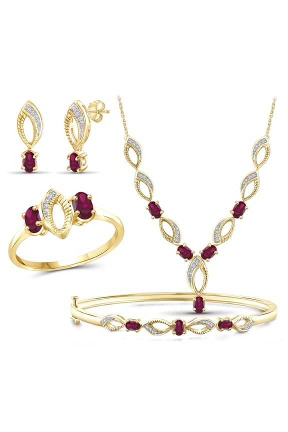 3.00 Carat T.G.W. Ruby And White Diamond Accent 14K Gold over Silver 4-Piece Jewelry set