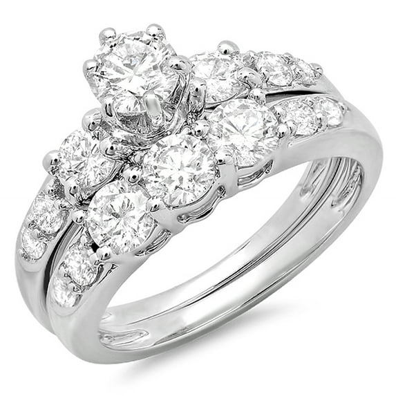 3.00 Carat (ctw) 14k White Gold Round White Cubic Zirconia Ladies 3 Stone Bridal Engagement Ring Matching Band Set 3 CT