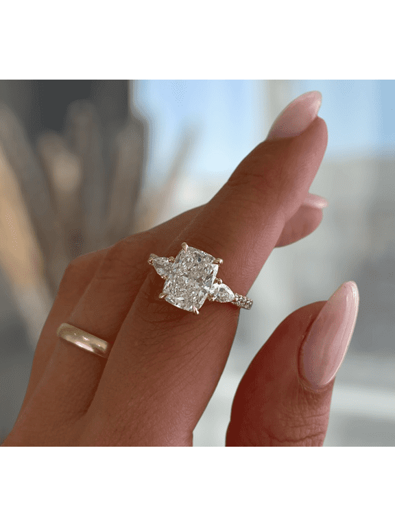 3.00 Ct Elongated Cushion Cut Lab-Grown Diamond Trilogy Engagement Ring, 10K White Gold