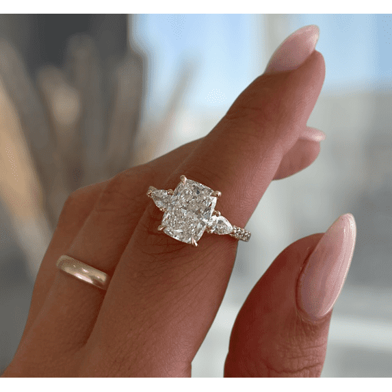 3.00 Ct Elongated Cushion Cut Moissanite Trilogy Engagement Ring, Cathedral Pavé, 18K Rose Gold