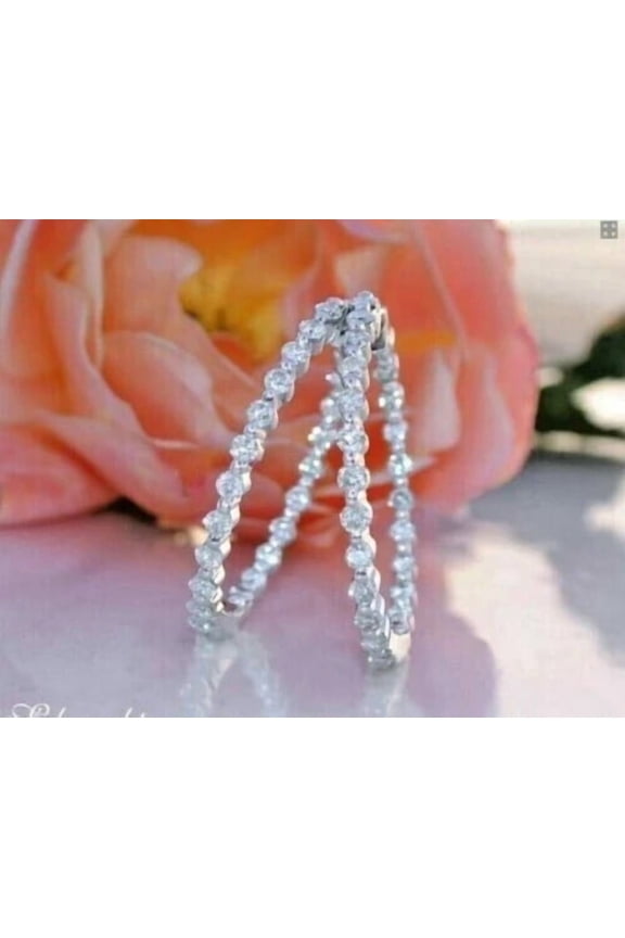 3.00 Ct Lab Created Diamond Inside Outside Hoop Earrings 14K White Gold Plated
