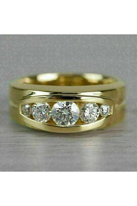 3.00 Ct Round Cut Moissanite Men's Wedding Five Stone Ring Real 14K Yellow Gold