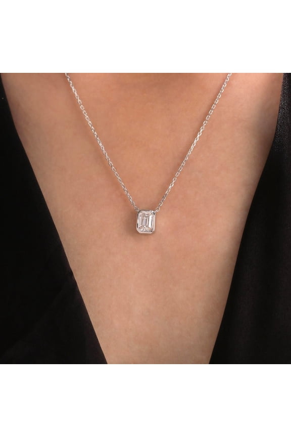 3.00 Ct YG Plated Sterling Silver Emerald Cut CVD Lab Grown Diamond Bezel Solitaire Necklace for Women