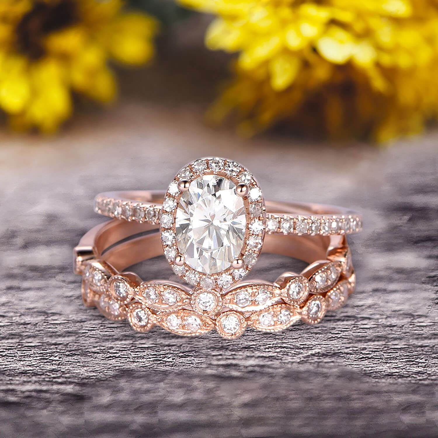3.00 carat Classic Oval Moissanite Diamond wedding Bands & Bridal Set Engagement Ring Classic Art Deco 10k Rose Gold