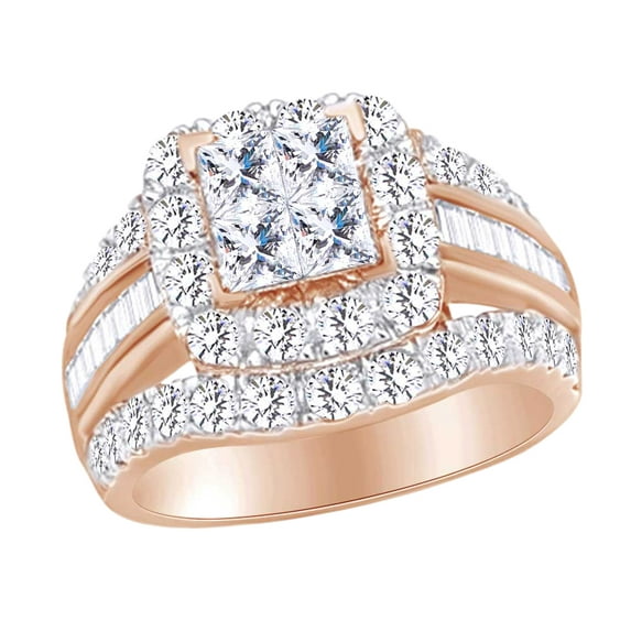 AFFY (3.00 cttw) Multi Shape White Natural Diamond Three Row Engagement Ring In 10k Rose Gold Ring Size-4