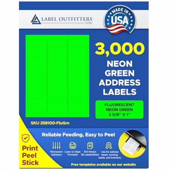 3,000 Label Outfitters 2-5/8" x 1" Printable Address Size Neon Fluorescent Green Laser Labels for Laser and Inkjet Printers - 100 Sheets