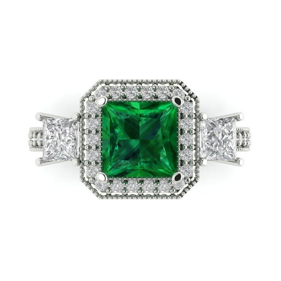 Three-Stone Engagement Ring for Women - 3.005ct Simulated Emerald in 14K White Gold Promise Ring