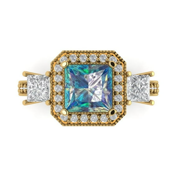 3.005 ct Princess Cut Blue Moissanite 3 Stone 14K Yellow Gold Womens Engagement Ring