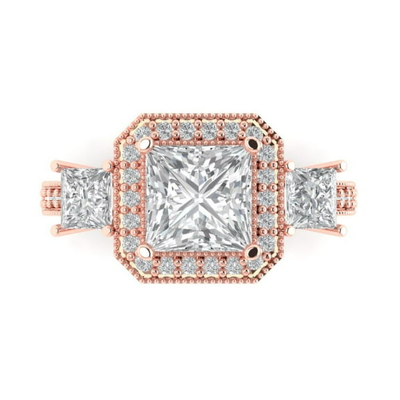 3.005 ct Princess Cut Moissanite 3 Stone 14K Rose Gold Womens Engagement Ring