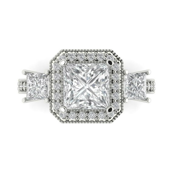 3.005 ct Princess Cut Moissanite 3 Stone 18K White Gold Womens Engagement Ring