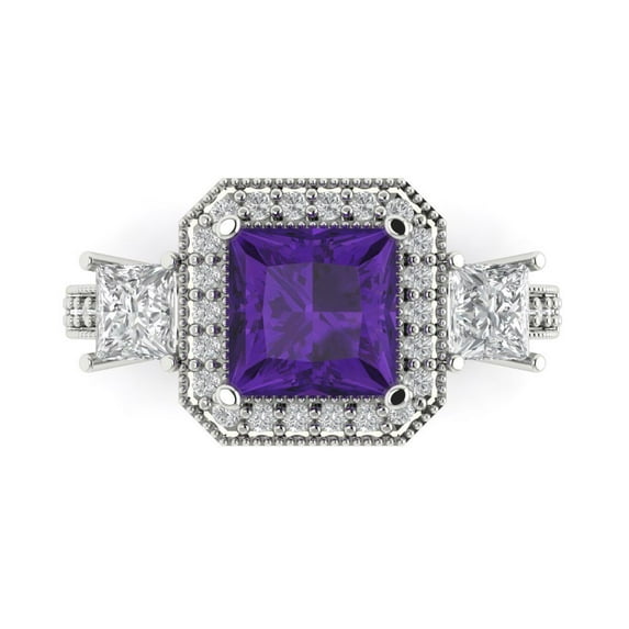 3.005 ctw 3 Stone Anniversary Ring for Women | Princess Cut Natural Amethyst | Hyperallergenic Solid 18K White Gold