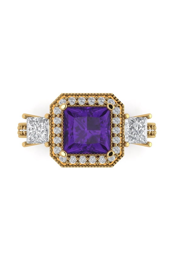 3.005 ctw 3 Stone Anniversary Ring for Women | Princess Cut Natural Amethyst | Hyperallergenic Solid 18K Yellow Gold