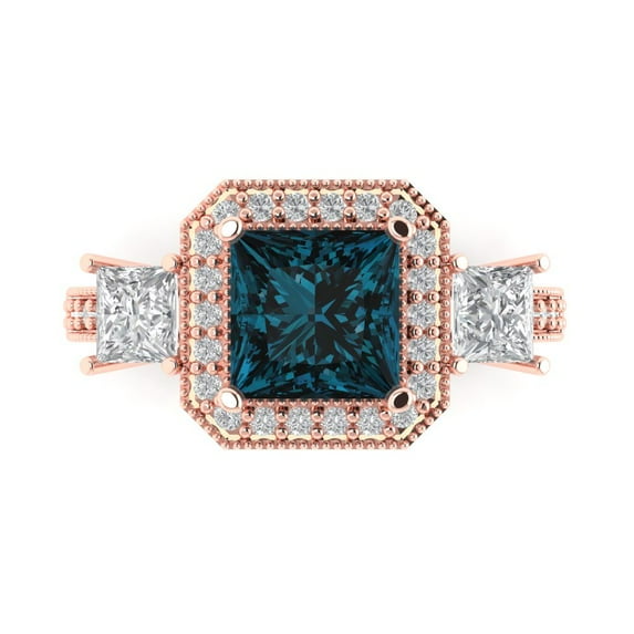 3.005 ct Princess Cut Natural London Blue Topaz 3 Stone 14K Rose Gold Womens Engagement Ring