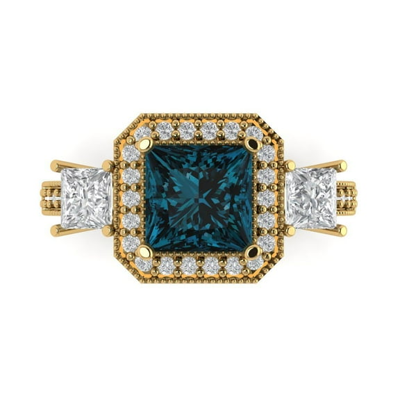 3.005 ct Princess Cut Natural London Blue Topaz 3 Stone 14K Yellow Gold Womens Engagement Ring
