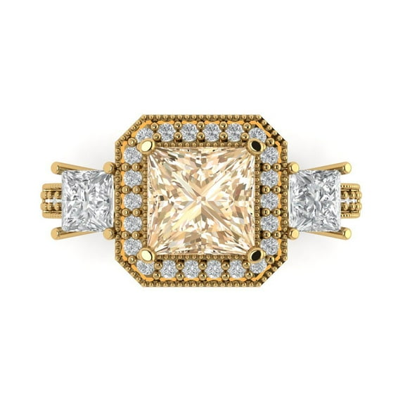 3.005 ct Princess Cut Natural Morganite 3 Stone 14K Yellow Gold Womens Engagement Ring