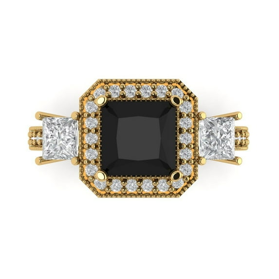 3.005 ct Princess Cut Natural Onyx Three-Stone Engagement Ring for Women in 18K Yellow Gold