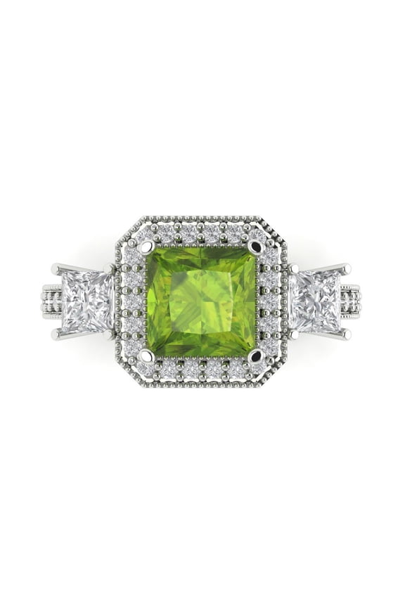 3.005 ct Princess Cut Natural Peridot 3 Stone 14K White Gold Womens Engagement Ring