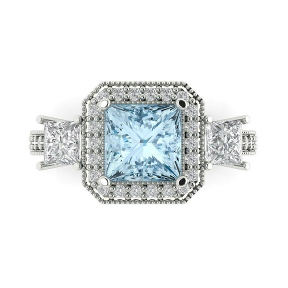 3.005 ctw 3 Stone Anniversary Ring for Women | Princess Cut Simulated Blue Diamond | Hyperallergenic Solid 14K White Gold